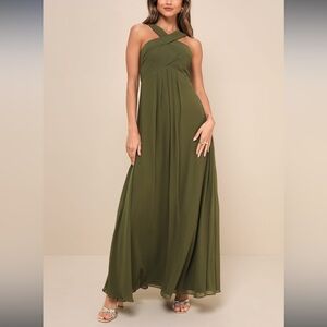 Momentous Elegance Olive Green Pleated Halter Maxi Dress - Size M